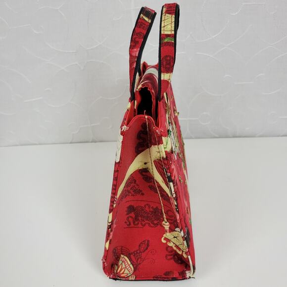 Modella Womens Handbag 11.5" x 8 Red Asian Motif Sequined Double Strap - Picture 7 of 15